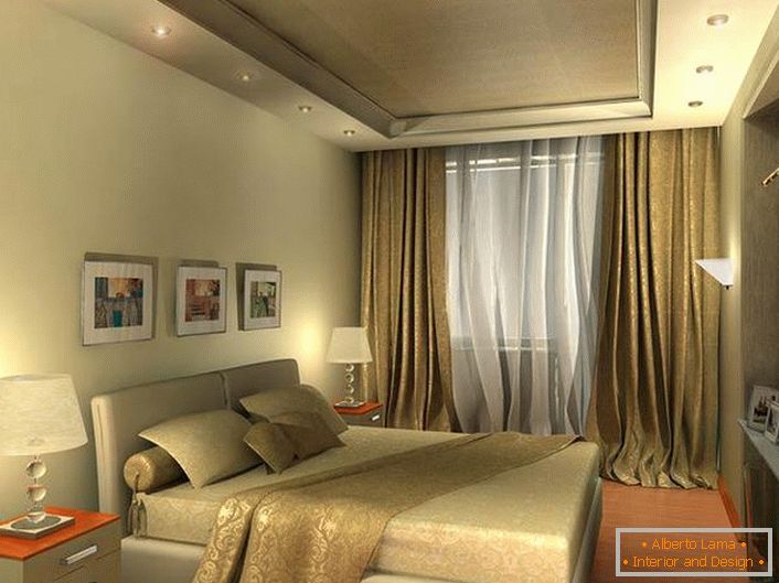 Hellbeige Schlafzimmer in High-Tech-Stil sieht geräumig durch gut gewählte Beleuchtung.