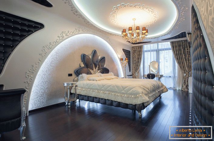 Holzparkett mit dunkler Farbe wird harmonisch in einem Schlafzimmer-Ambiente im High-Tech-Stil ausgemustert.