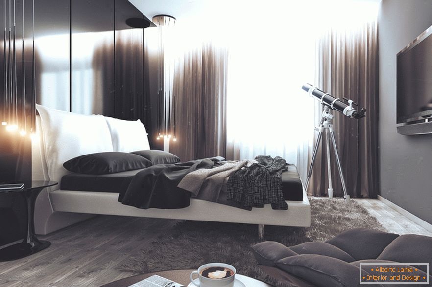 Schlafzimmer in schwarz und weiß in einer Wohnung für einen erfolgreichen Bachelor in Russland