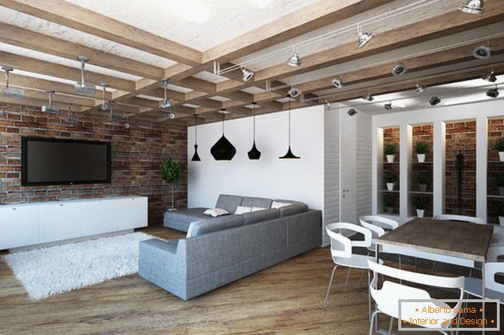 Das Design des Studio-Apartments im Loft-Stil zeichnet sich durch seine Zweckmäßigkeit aus. Ein Minimum an Möbeln macht das Zimmer geräumig und hell.