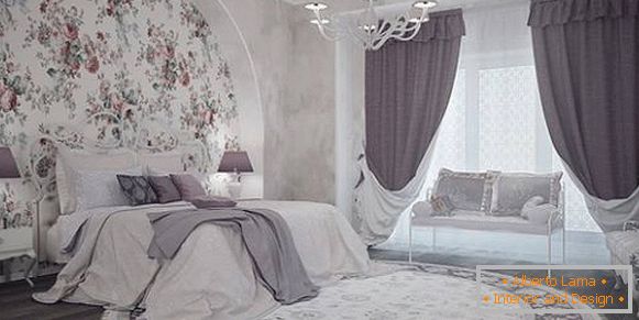 Moderne lila Vorhänge im Schlafzimmer - Foto im Innenraum