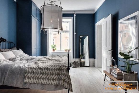 Fotos des Schlafzimmers im modernen Stil und in der blauen Farbe