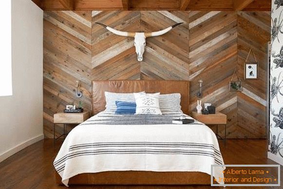 Bild eines Schlafzimmers in einer modernen Art mit Holzverkleidungen