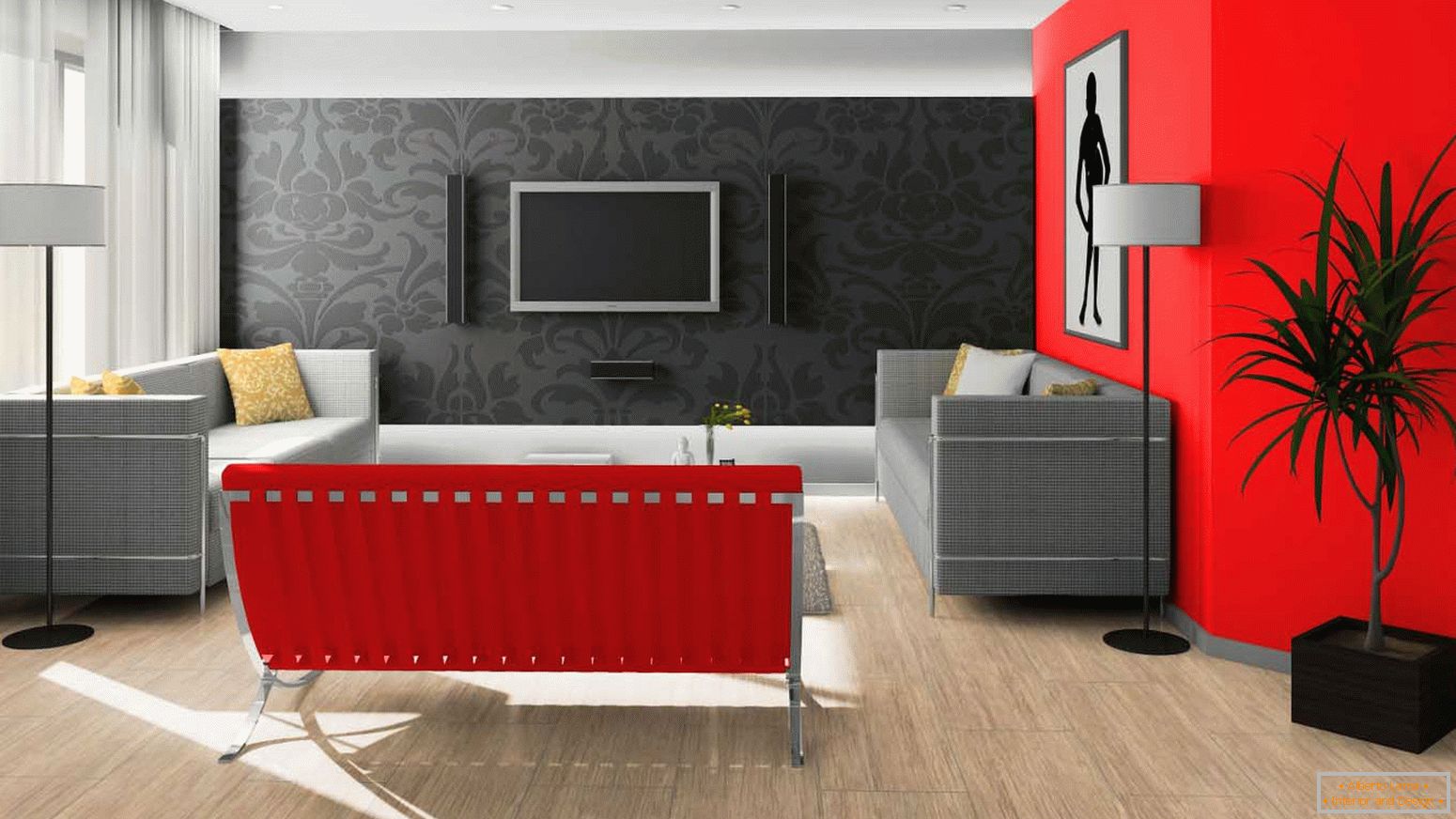 Schwarz und Rot im Design des Wohnzimmers