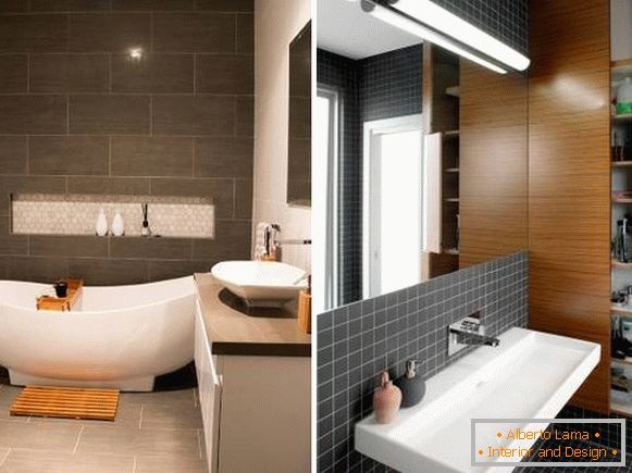 Badezimmerdesign in den dunklen Farben mit weißem Klempnerarbeitfoto 2016