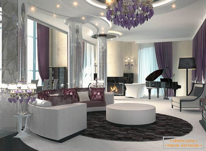 Die mehrstöckige Decke mit Punktbeleuchtung ergänzt die gesamte Art-Deco-Stil Komposition, in der das Wohnzimmer gemacht wird. 