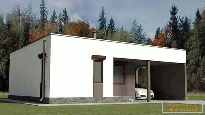 Einstöckiges Haus in High-Tech-Stil mit einem kleinen Carport ist eine ausgezeichnete und kostengünstige Option für Vorstadt-Immobilien.