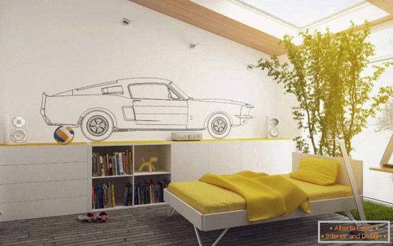 attraktiv-gelb-weiß-kinder-schlafzimmer-dekor-mit-groß-cool-pflanzen-dekoration-twin-bett-und-holz-kabinett-bücherregal-auf-braun-hartholz-boden-plus-groß-klar- Glas-Schiebedach-wie-gut-Büro-Design-la