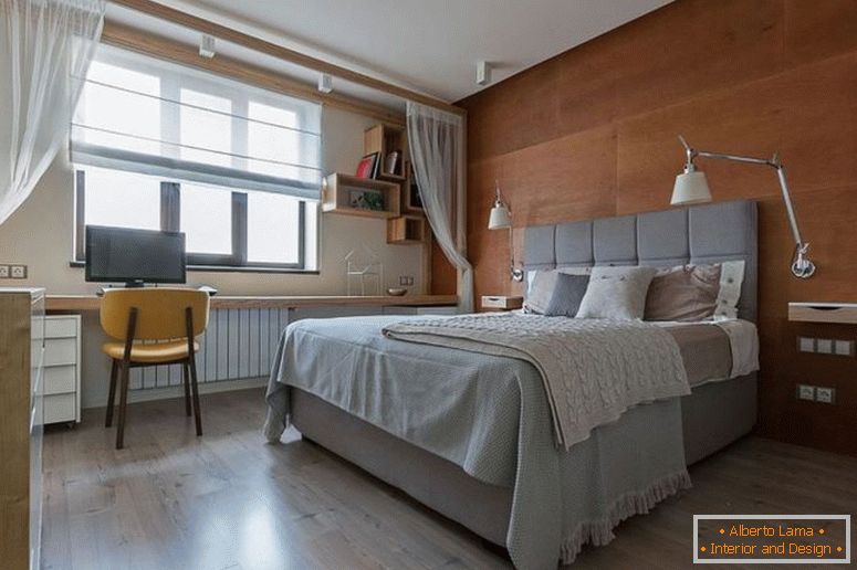 moderne Schlafzimmer-mit-Holz-Akzent-Kopfteil-Wand