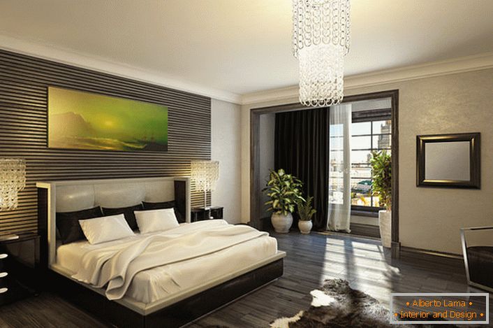 Chic und Luxus eines stilvollen Schlafzimmer im Art-Deco-Stil. Der klassische Kontrast von Weiß und Schwarz ist ideal für diese stilistische Richtung. 