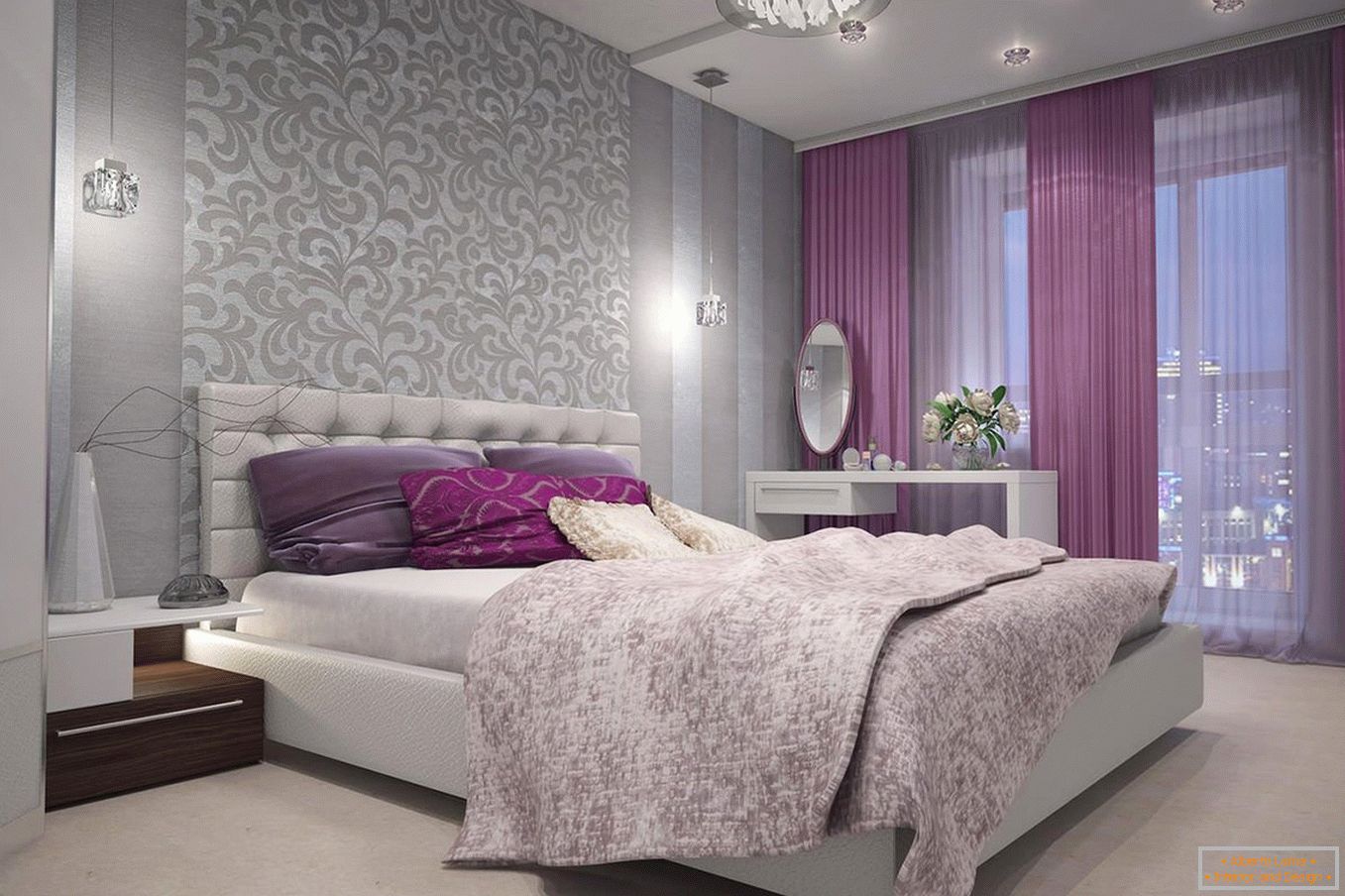 Violette Vorhänge im Schlafzimmer
