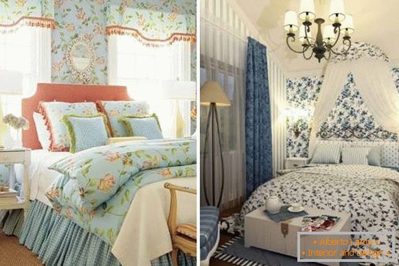 Vorhänge im provenzalischen Stil für das Schlafzimmer - Foto in Kombination mit Tapeten