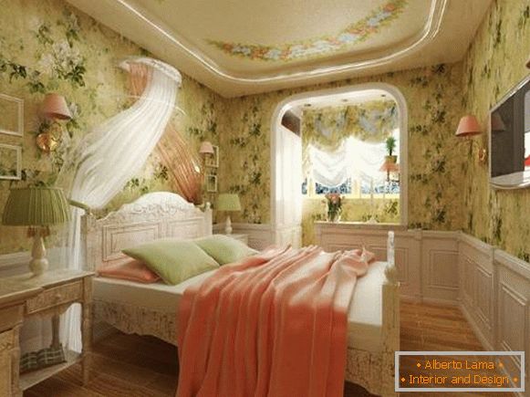 Die Kombination von Farben im Inneren des Schlafzimmers Provence - Vorhänge und Tapeten