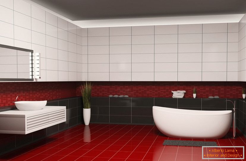 Rote, schwarze und weiße Fliesen im Badezimmerdesign