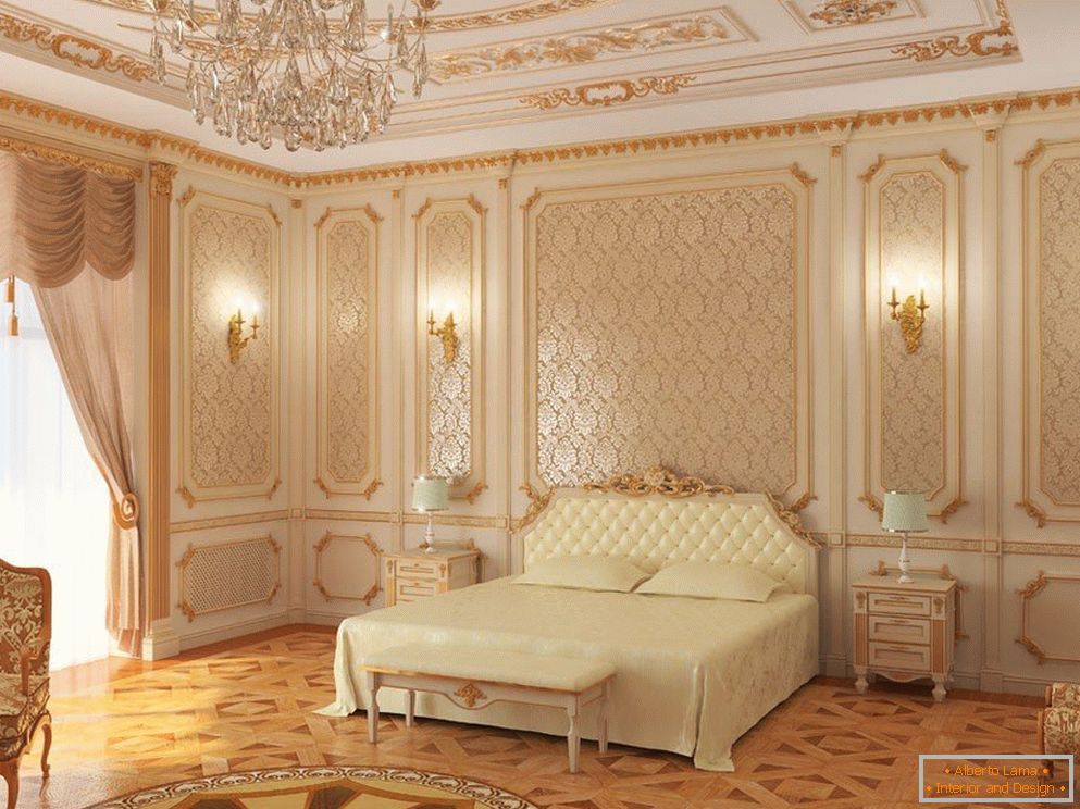 Weiße Decken- und Schlafzimmerwände mit Goldmustern