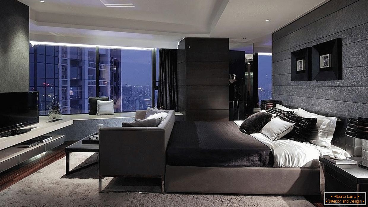 High-Tech-Stil in einem Schlafzimmer mit Panoramafenster