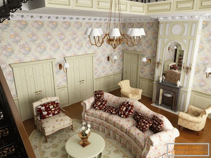 Wohnzimmer im Landhausstil im ersten Stock eines großen Hauses am Stadtrand. Entsprechend dem Stil werden weiche Möbel aus einem Stoff mit Blumenmuster ausgewählt.
