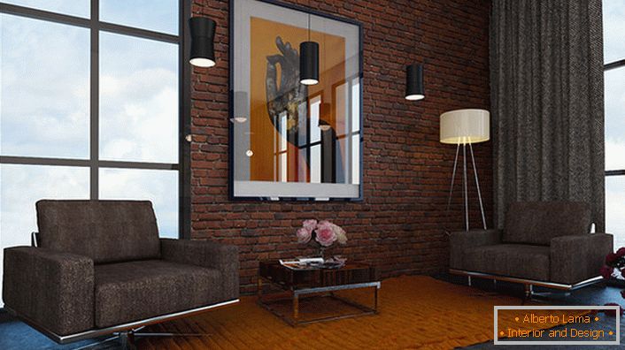 Design-Projekt für das Wohnzimmer im Loft-Stil. Eine ausgezeichnete Wahl für städtische Wohnungen.