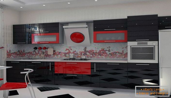 Die Kombination aus sattem Rot und kontrastreichem Schwarz ist ideal für die Dekoration der Küche im Jugendstil.