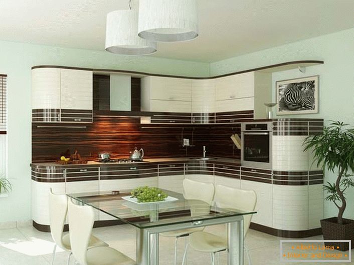 Küchenset für die Küche im Jugendstil ist L-förmig, ideal für kleine Küchen. Exquisites Aussehen des Innenraums wird vorteilhaft mit seiner Funktionalität kombiniert.