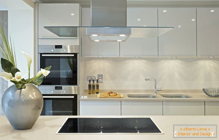 Glänzende Oberflächen können verwendet werden, um die Küche im Jugendstil zu dekorieren. Das Design-Projekt ist eine interessante kühne Kombination aus Grau und Weiß, die dem modernen Stil nicht eigen ist.