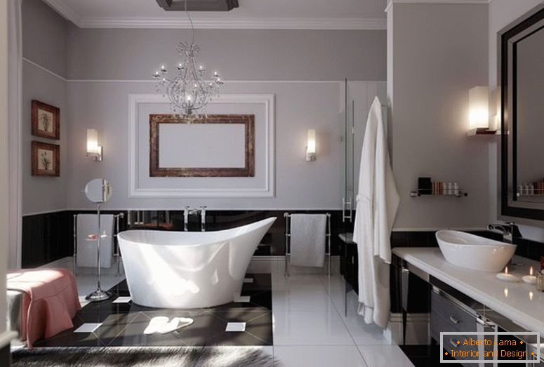 Badezimmer mit schönen Möbeln und moderner Beleuchtung