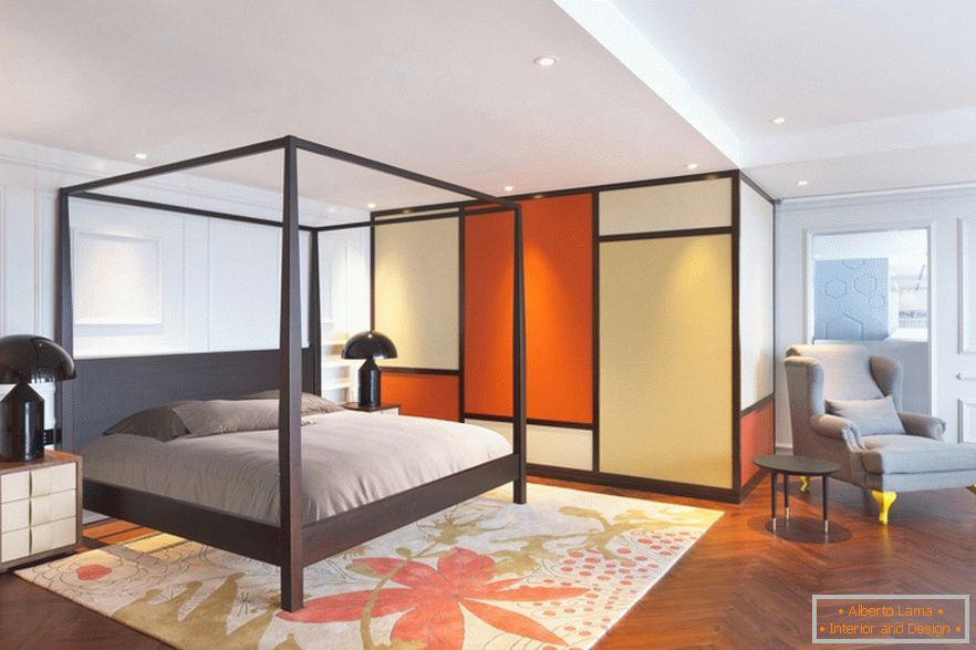 Orange Schlafzimmer einer stilvollen Studiowohnung in Peking