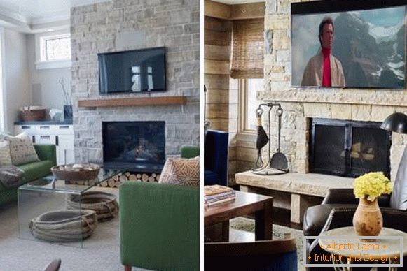 Fernsehen über dem Kamin im Inneren des Wohnzimmers - Foto mit Steindekoration