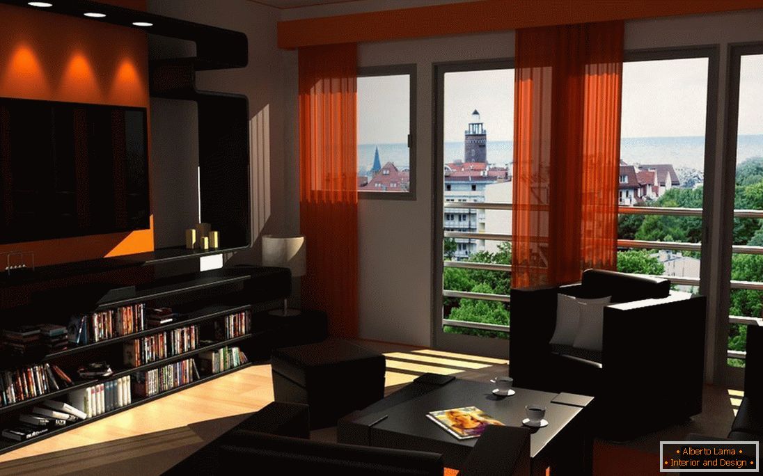 Dunkle Möbel und orange Vorhänge im Wohnzimmer