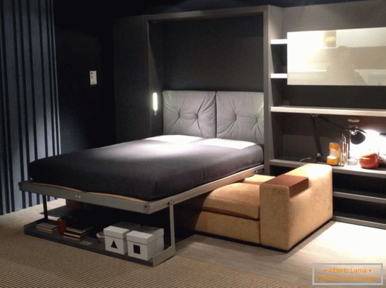 Luxus-Wand-Bett-in-einem-kleinen-dunklen-Schlafzimmer
