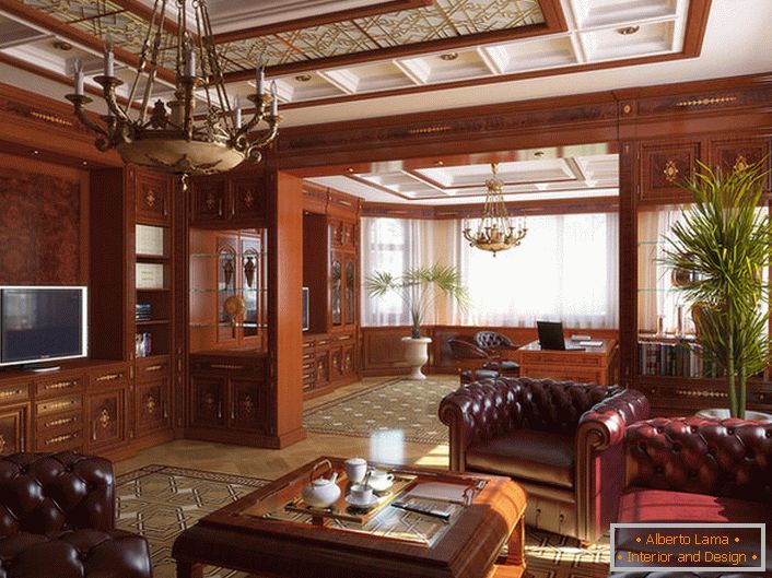 Das Wohnzimmer im englischen Stil ist hauptsächlich mit Edelholz eingerichtet.