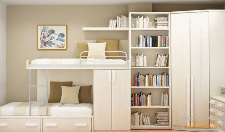 Weiß-Holz-Etagenbett-mit-Lagerung-auch-Schubladen-kombiniert-mit-Bücher-Regale-und-Ecke-Kleiderschrank-an-der-Ecke-Creme-Wand-Zimmer