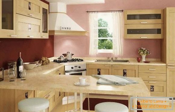 Das Innere der Ecke Küche mit einem Bartheke - ein Foto in beige und rosa Tönen