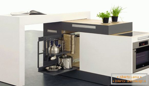Das Innere einer sehr kleinen Küche: ein mobiles Küchenset