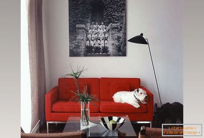 Strenge rote Sofa und Korbstühle im Wohnzimmer