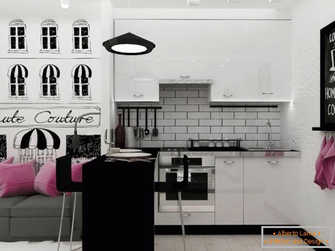 Küchenbereich in schwarz und weiß