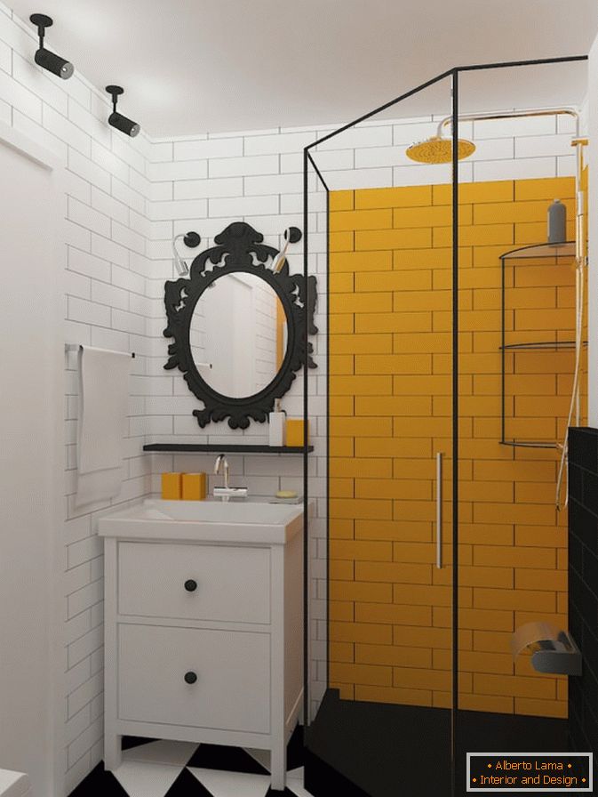 Gelbe Akzente in einem schwarzen und weißen Badezimmer