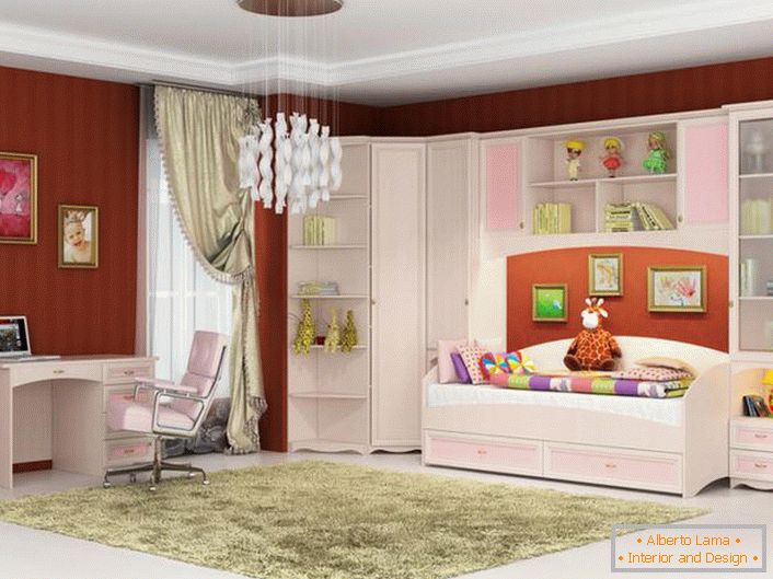 Ein stilvoller Raum für eine junge Fashionista. Modular Möbel für Kinder ist in rosa und weißen Farbe gemacht - was Sie für ein Mädchen brauchen.