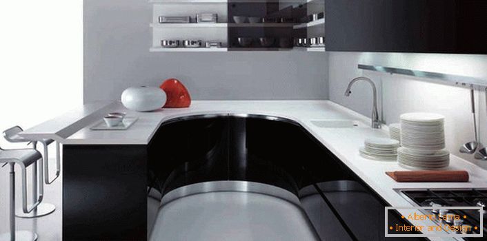 Komfortabel in seiner Funktionalität Küche im High-Tech-Stil. Finden Sie den Designer des Bartheke als eine Fortsetzung des Arbeitsbereiches.