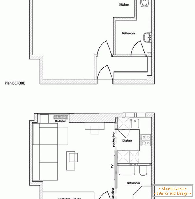 Plan einer kleinen Wohnung vor und nach der Reparatur