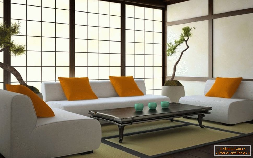 Wohnzimmer im japanischen Stil со светлыми стенами и темным полом