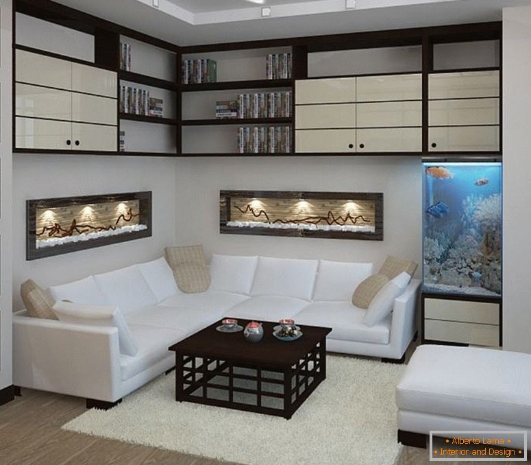 Aquarium und Regale im Wohnzimmer beleuchtet