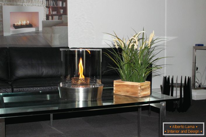 Dekoratives Element des Wohnzimmers ist ein eleganter Schreibtisch Biokamin.