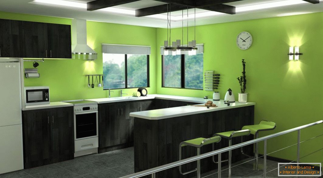 Grüne Küche mit schwarzen Möbeln