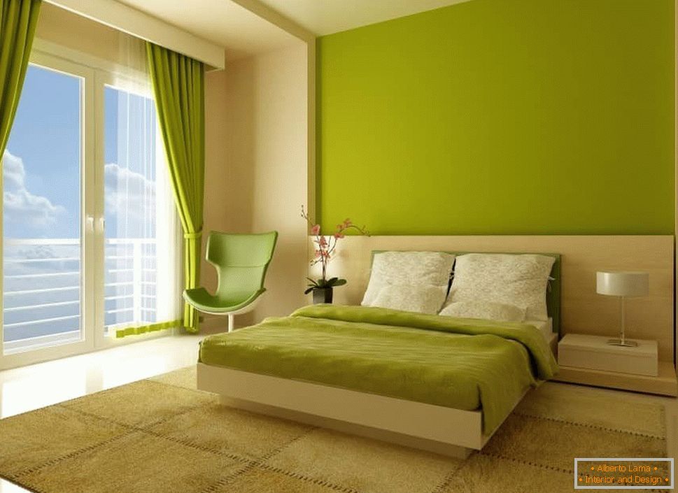 Schlafzimmer in hellgrüner Farbe