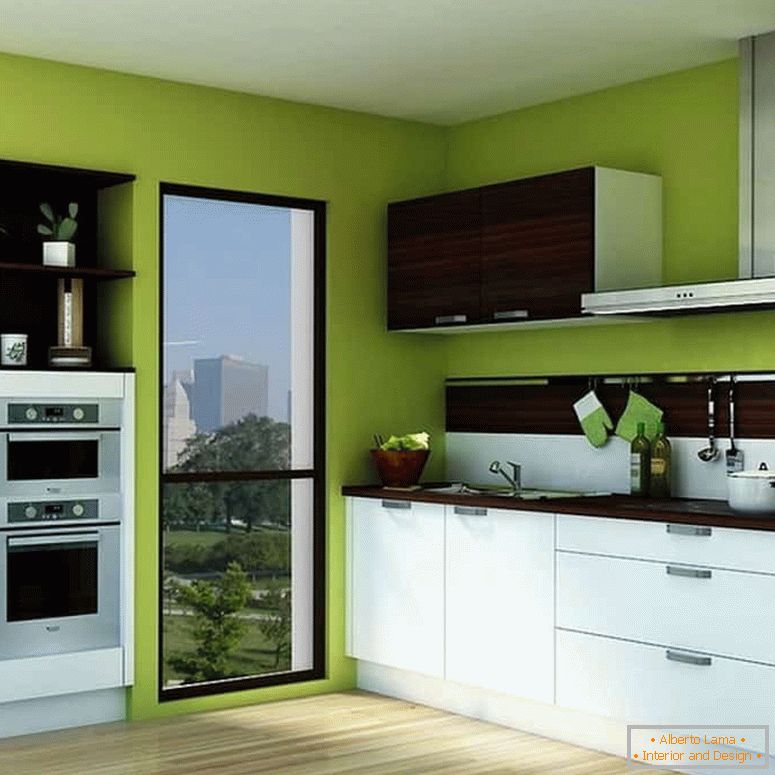 Hellgrüne Farbe der Wände und der weißen Küche