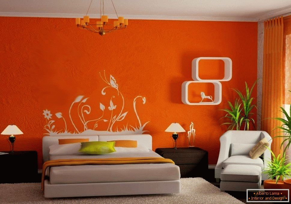 Die Kombination aus orangefarbenen Wänden und weißen Möbeln