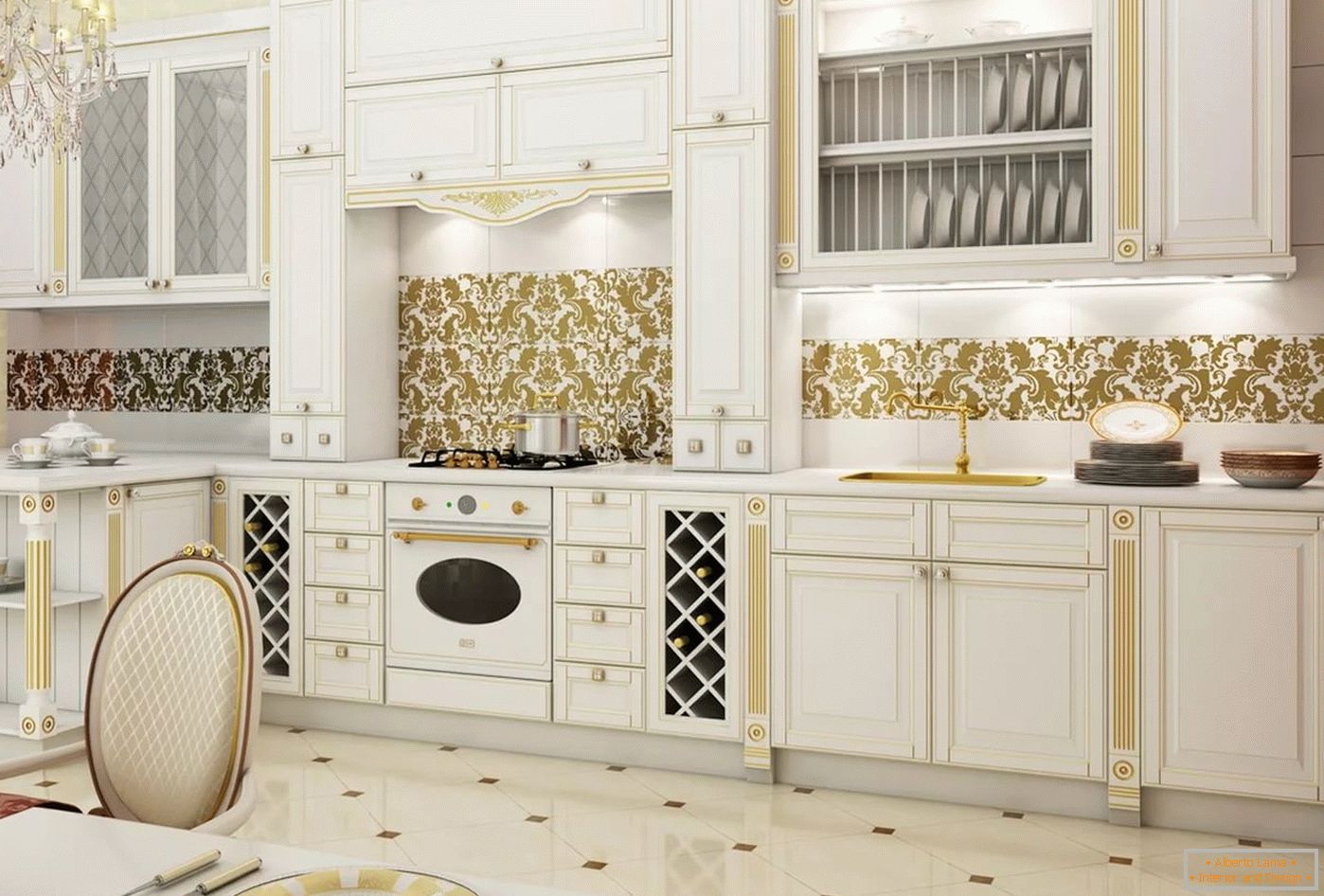 Weiß und Gold im Inneren und Design der Küche
